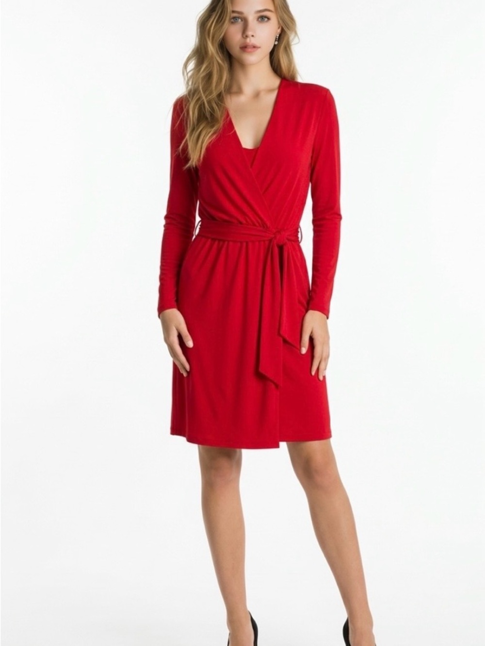 Tahari Red Long-Sleeve Wrap Dress with Waist Tie